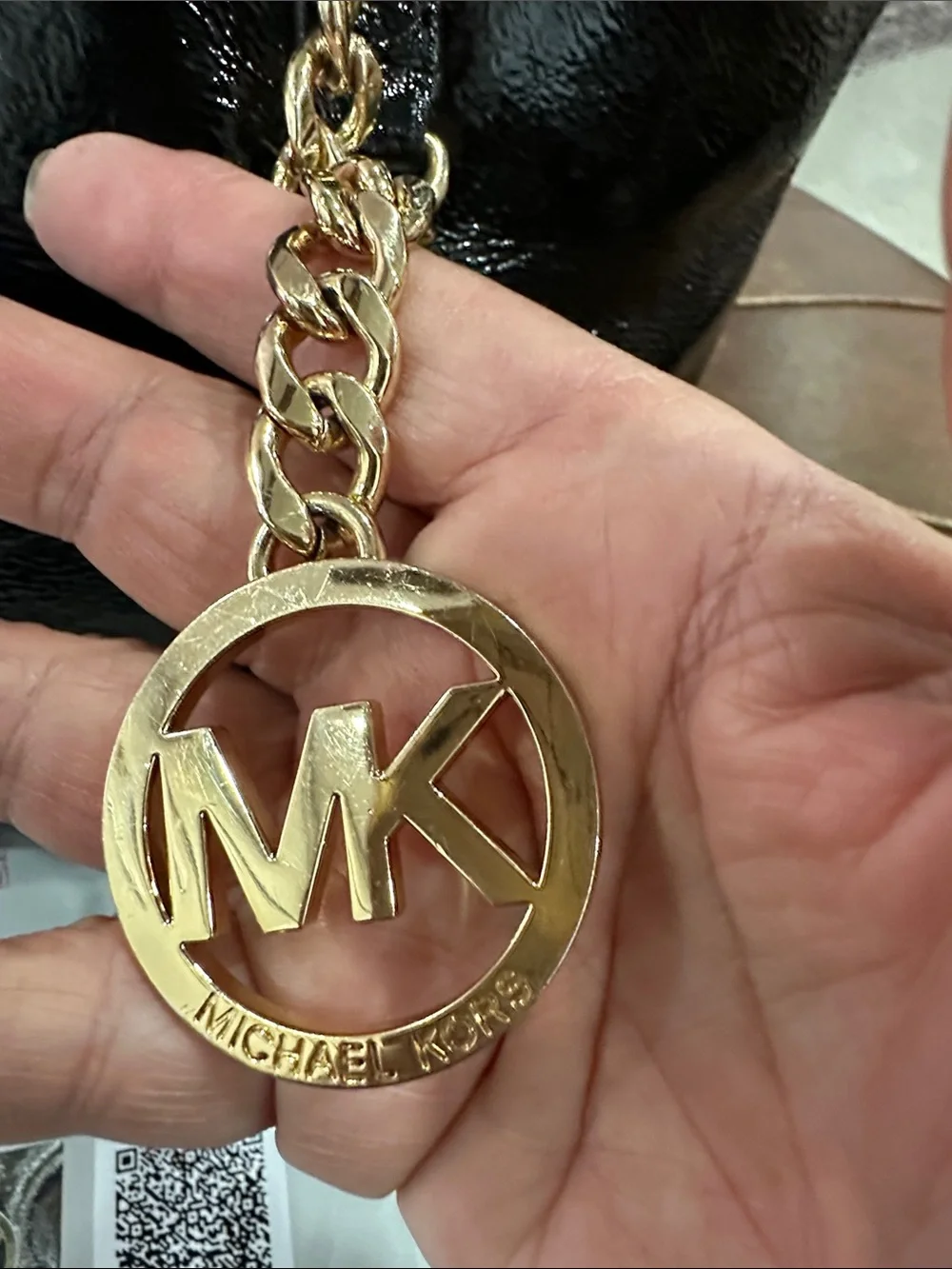 Michael Kors Black Patent Tote with Gold Chain Charm